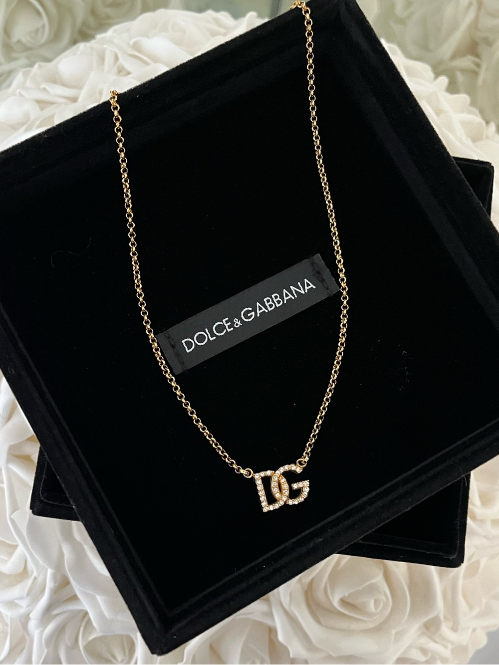 Dolce & Gabbana Gold DG Crystal embellised Pendant Necklace Authentic new in box